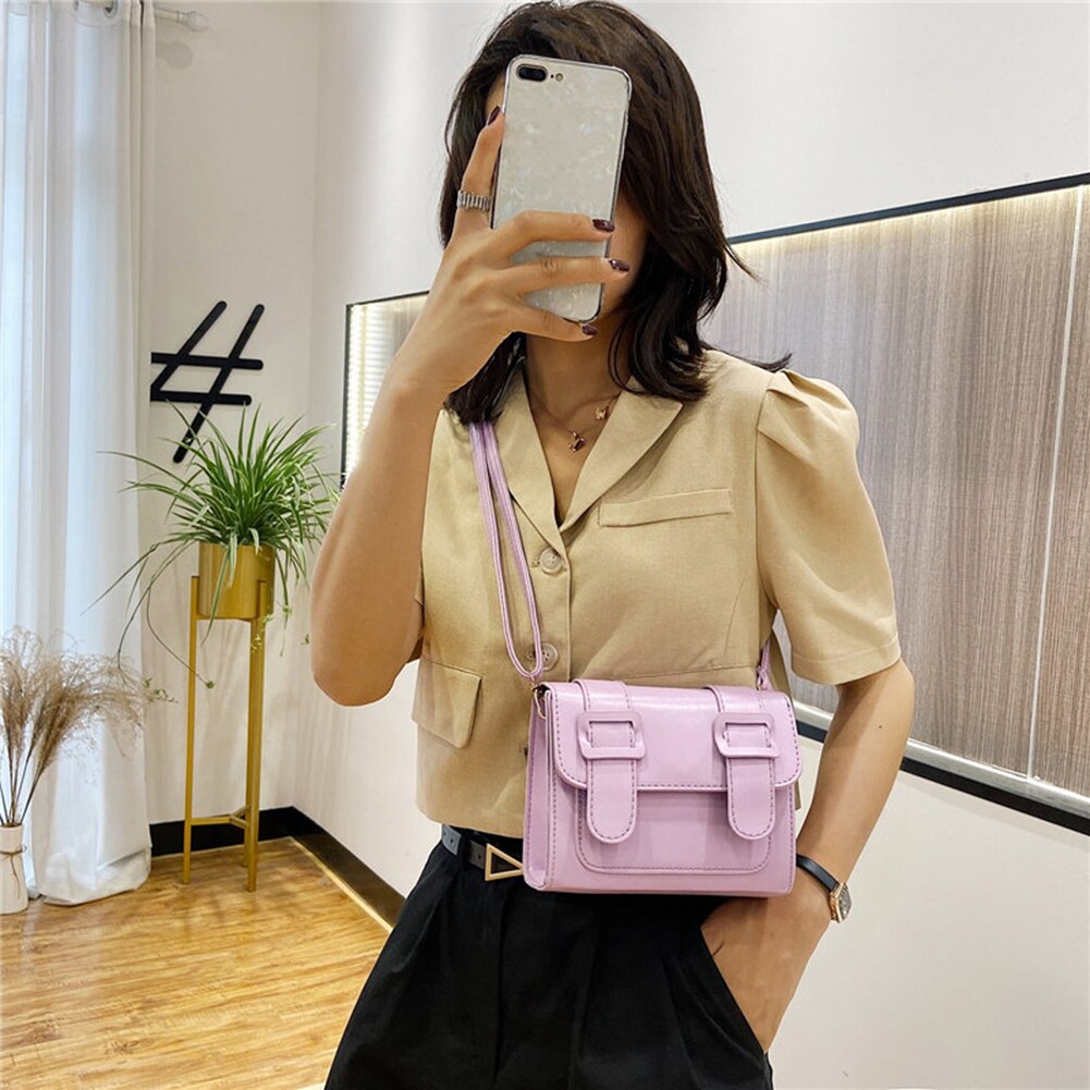 Kvinnor pu läder axelväskor bälte spänne liten fyrkantig casual flik crossbody messenger handväskor