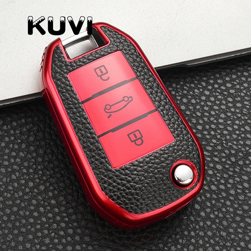 Funda plegable de Tpu para llave de coche, cubierta protectora remota para Peugeot 208, 308, 408, 508, 307, , Citroen, C4L, CACTUS, C5, C3, C6, C8: red