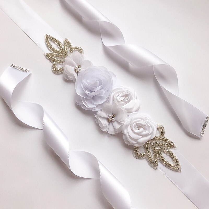 Bröllopsbälten blomma satin bröllopsklänning bälte brud strass band skärp gördel bälte för fest brudtärna kvinnor klänning: Vit
