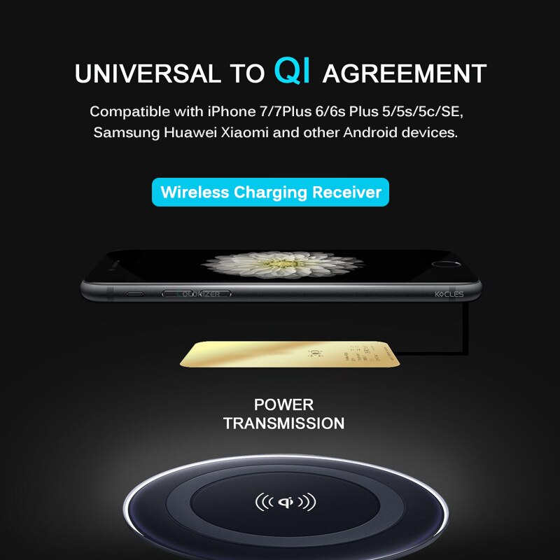 Receptor de carga inalámbrica Qi para IPhone 7, 6s Plus, cargador inalámbrico rápido Universal con Micro USB tipo C para Samsung y Huawei