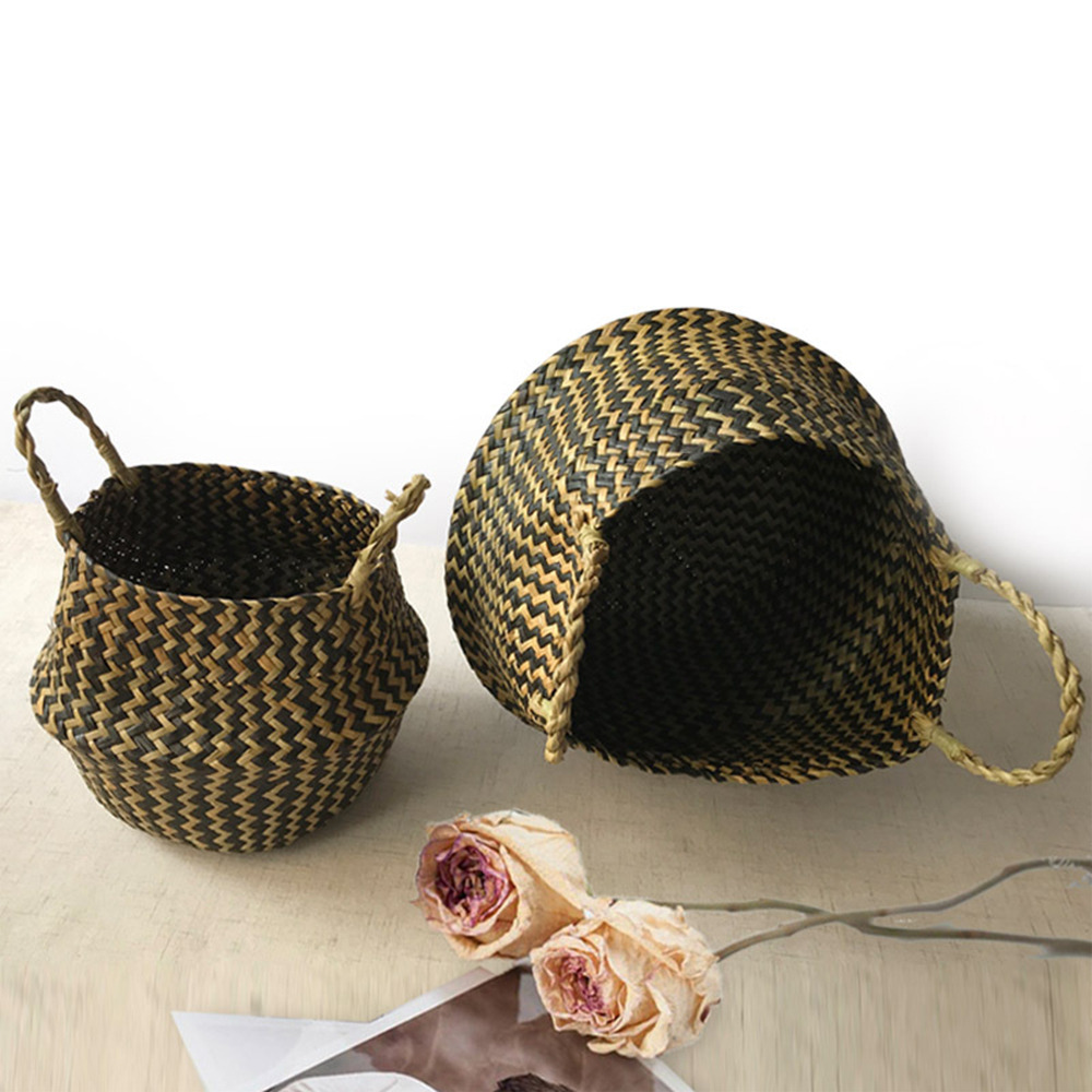 Handmade Woven Storage Basket Folding Clthoes Laundry Basket Straw Wicker Rattan Seagrass Belly Garden Flower Pot Plant Basket