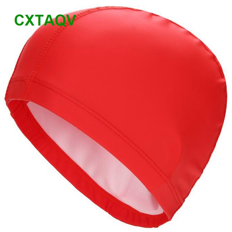 Comfortable Fit Adult Men Women Blank Swimming Cap Elastic Waterproof PU Fabric Protect Ears & Long Hair Swim Pool Hat: Red