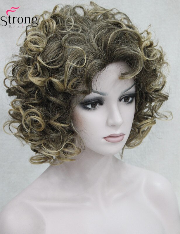 StrongBeauty Korte Stijl Krullend Capless pruik Bruin met Blonde Highlights Synthetisch Haar Pruiken voor Vrouwen KLEUR KEUZES: 6T24B