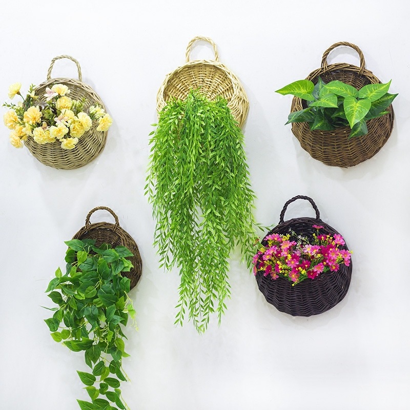 Håndlavet flettet rattan blomsterkrukke vægophæng flettet rattan kurv haveplanteholder havekrukker vægplante