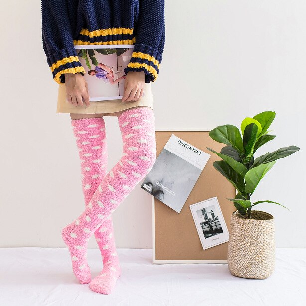 Women's Knee Socks Winter Coral Fleece Knee-socks Long Over Knee Cute Stockings Thick Warm Striped Socks: Pink and white dots