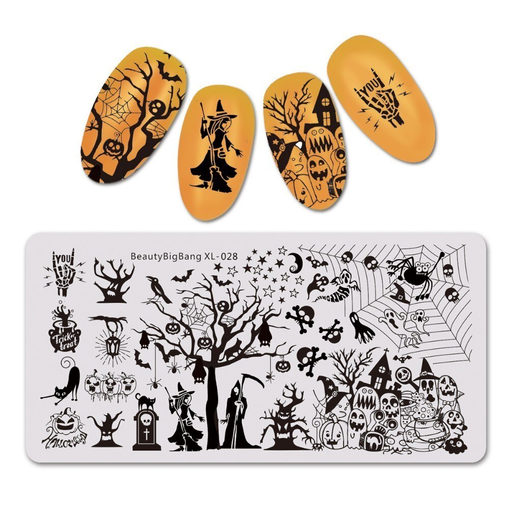 Beautybigbang negle stempling plader halloween edderkop kraniet græskar heks billede nail art skabelon stencil til negle bbb xl -027: 28