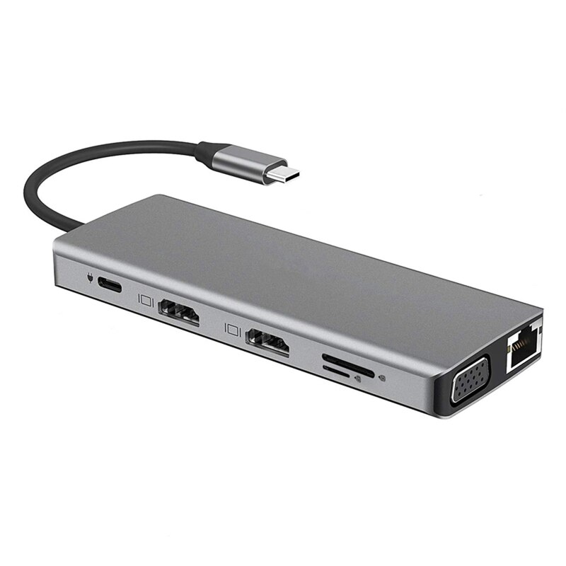 12 in usb type c dockingstation met dubbele 4k hdmi usb 3.0 usb 2.0 pd oplaad 3.5mm  rj45 aansluiting 1 dubbele tf/sd kaartsleuf usb