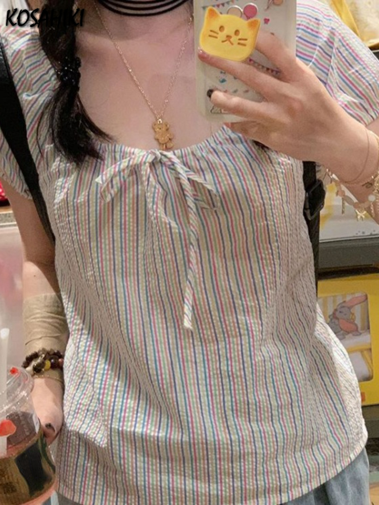 Regenbogen Sommer süße Oberbekleidung Frauen Hemden Gebühr lässig y2k ästhetische Schleife Blusen kawaii japanische süße gestreifte Blusas Feminina