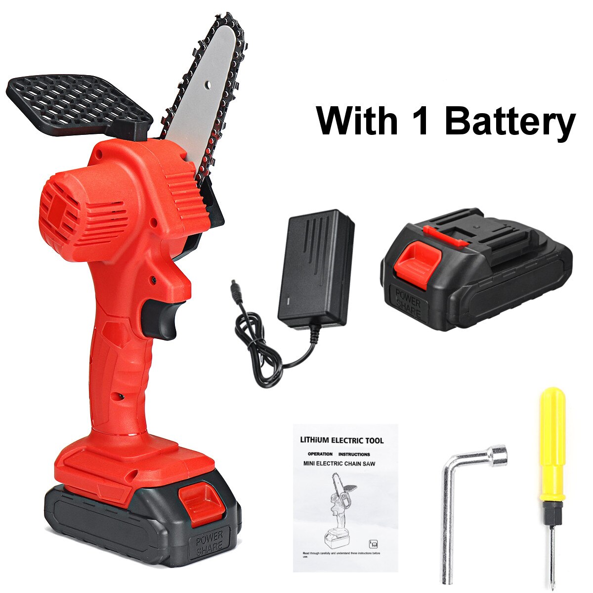 3000W 88VF 4 Inch Mini Electric Saw Chainsaw Garden Tree Logging Saw Woodworking Tools Wood Cutters with 2 Battery: red 1 battery
