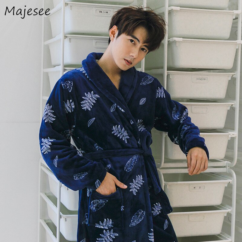 Gewaden Mannen Turn-down Kraag Gedrukt Flanel Warme Zachte Winter Dikkere Lange Eenvoudige Dagelijkse Mens Trendy Kleding chic