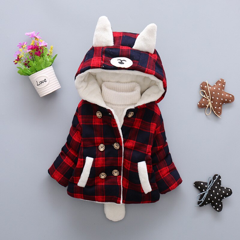 Autumn Winter Baby Boys Warm Coats Toddler Girls Cotton Plaid Thick Jacket For Children Boy Girl Velvet Hooded Outerwear: black  / 18M