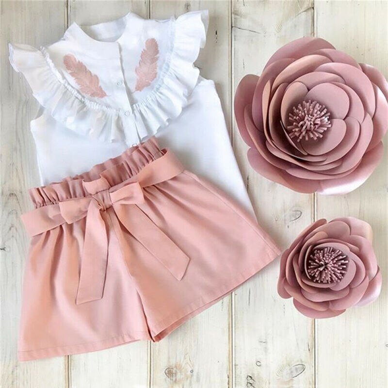 Lovely Kid Baby Girls Feather Clothes set top senza maniche estivi fasciatura pantaloncini 2 pezzi abiti moda abbigliamento 2-6 anni