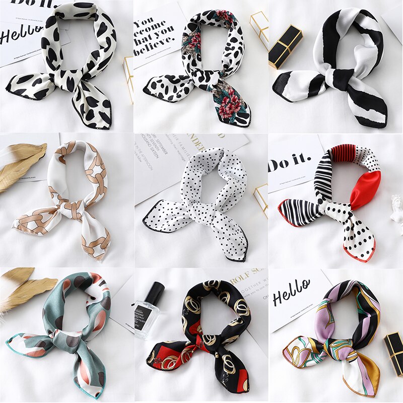 Women Small Satin Silk Scarf Square Print Wrap Foulard Femme Handkerchief Bandana Neck Hair Skinny Tie Scarves Shawls XC