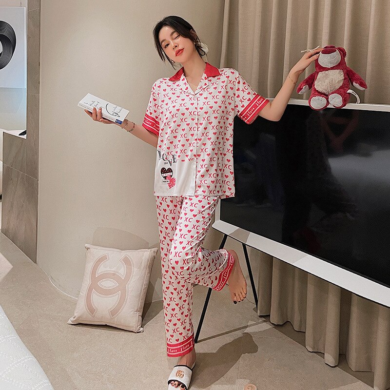 Pijama de manga corta para mujer, conjunto de camisón de seda de hielo, ropa fina para el hogar, ropa de dormir holgada de satén