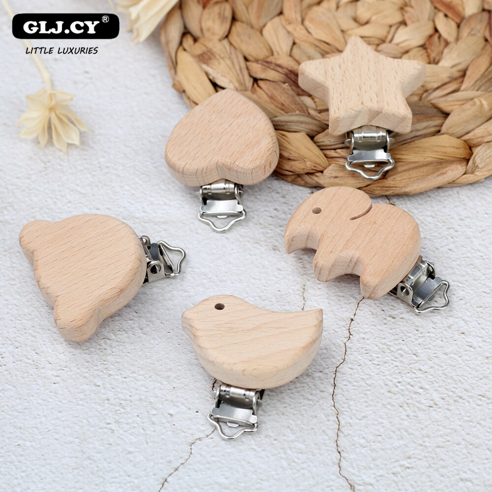 10PCs Beech Wood Pacifier Clip Animal Small Elephant Bird Heart-shaped Stars Baby DIY Essential Nipple Chain Accessories