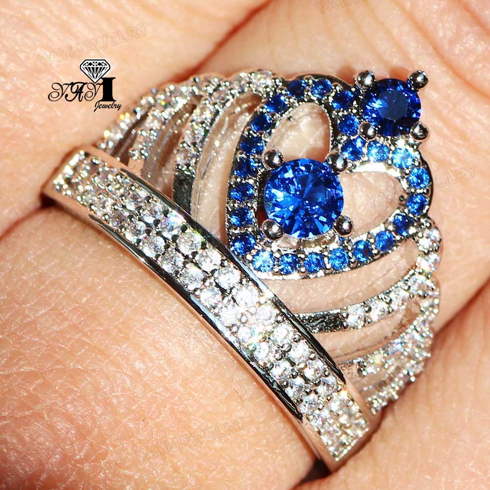 YaYI Schmuck Prinzessin schneiden 8 CT Blau Zirkon Silber Farbe Engagement Ringe hochzeit Herz Krone Ringe Party Ring Weihnachten