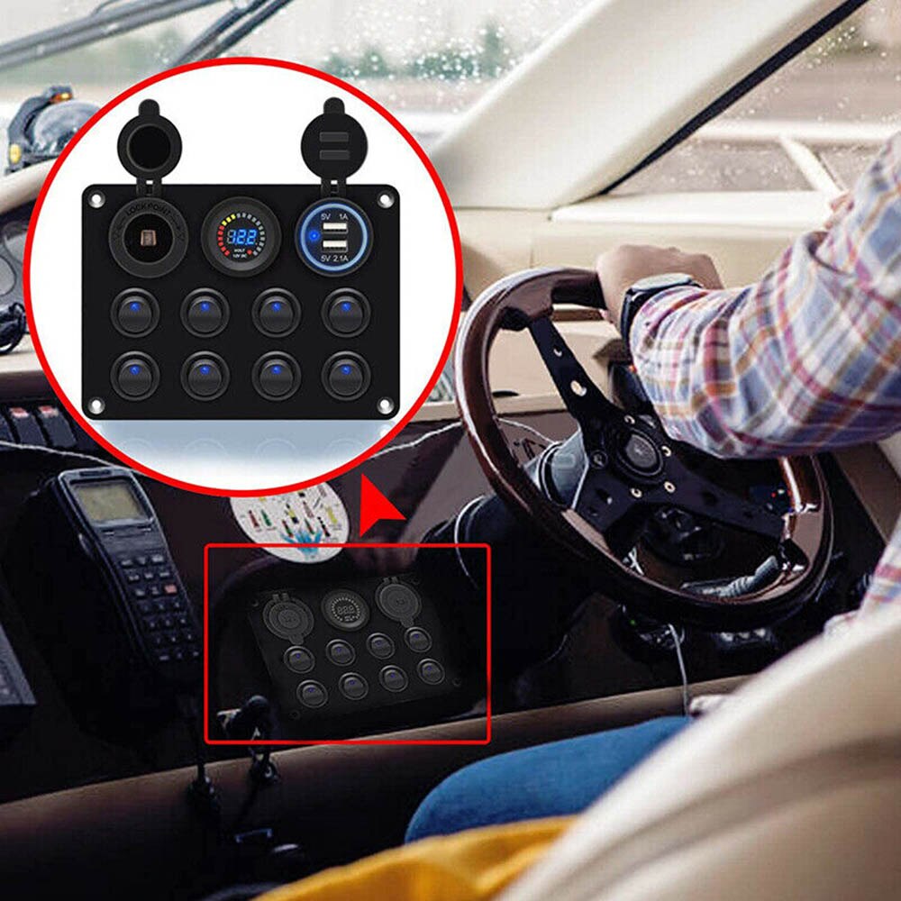8 Gang Led Marine Boat Switch Panel 12V ON-OFF Toggle Switch Panel 2 USB Charger Car Boat Marine RV Truck