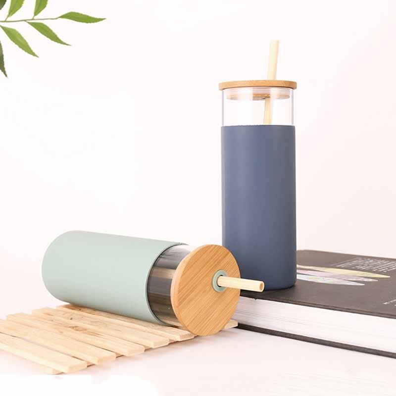 550ml bambu lock glas vatten te tumblers glasflaska med silikon hylsa te kaffe dricksflaska med sugrör