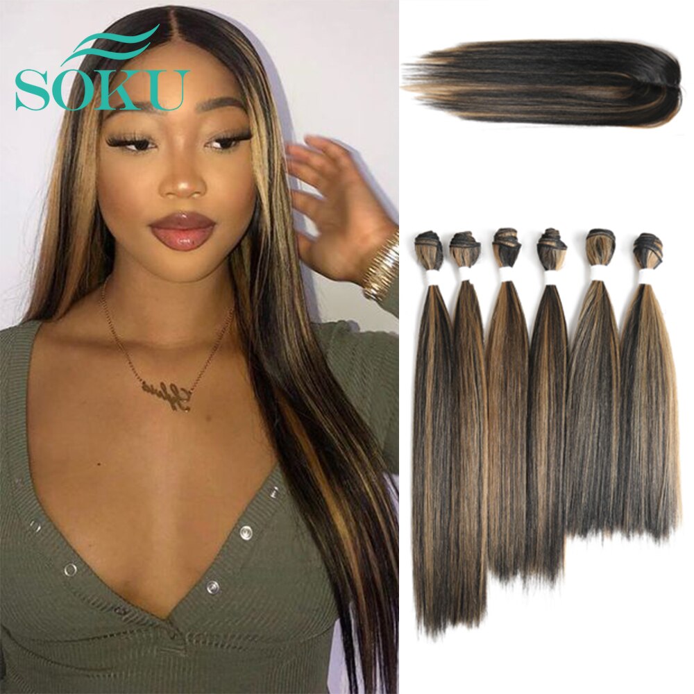 Highlight Synthetic Hair With Lace Closure Weave Bundles Weave Hair Extension Yaki Straight 6 Bundles With Closure SOKU