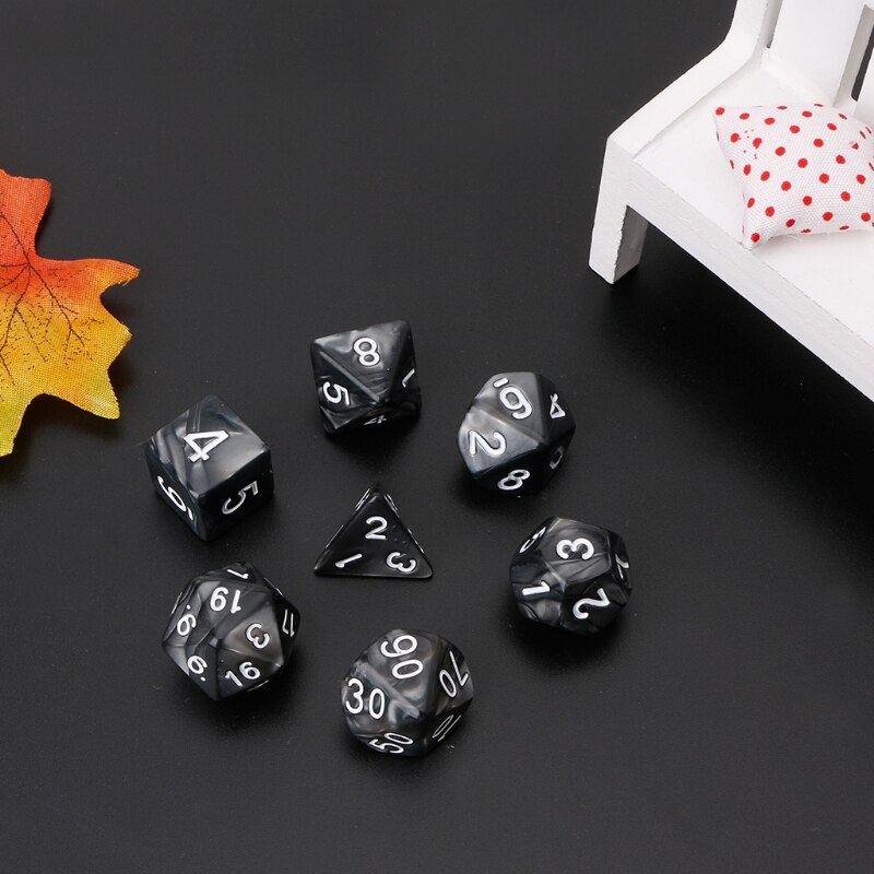 7Pcs Polyhedrale Dobbelstenen Witte Cijfers Voor Dragon Pathfinder D20 D12 2xD10 D8 D6 D4 M5TC