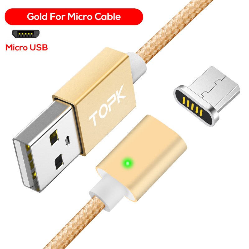 Topk  am21 magnetisk kabel usb type c kabel & mikro usb kabel nylon flettet led indikator data sync magnet opladerkabel: Guld mikro kabel / 2m