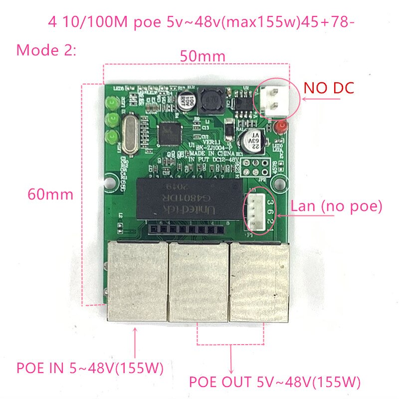 Odwrotnej mocy dostaw przełącznik POE POE W/na zewnątrz5V/12V/24V/48V 155W/3 = 51.67W 100 mb/s 802.3w 45 + 78- DC5V ~ 48V odległość serii życie POE