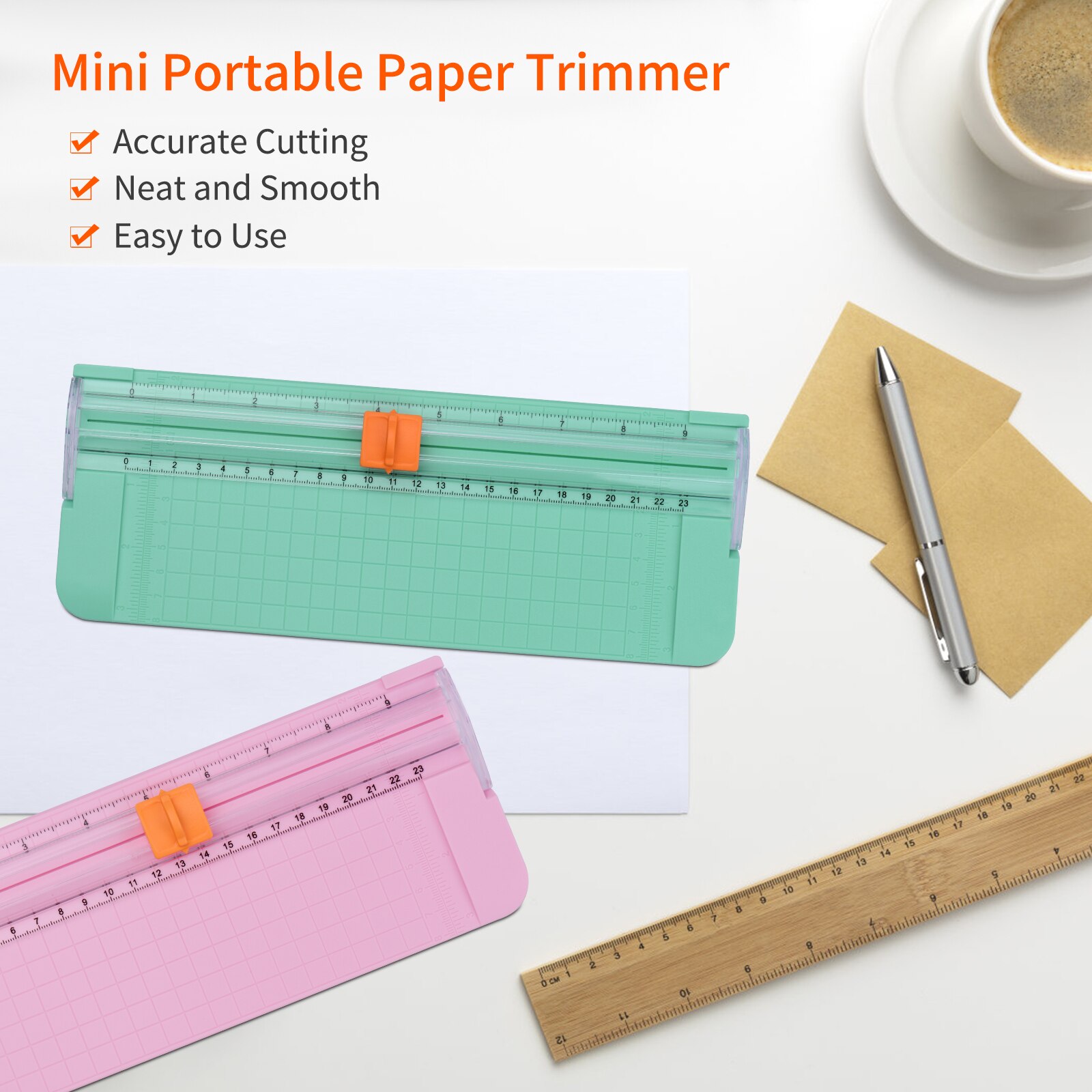 A5 Paper Trimmer Cutter - 2 Pack (Blue & Pink), Portable, With Finger Guard & Slide Ruler For Photos, Cards, Crafts