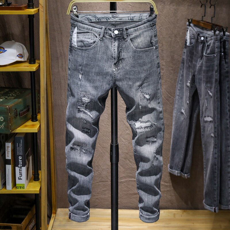 Herre ripped skinny jeans grå lyseblå elasticitet high street wear hip hop patchwork biker jeans mandlige denim bukser flosset homme