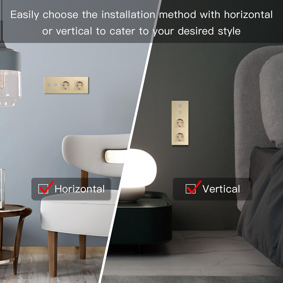 BSEED EU Standard 1/2/3Gang 1Way Touch Switch With Double EU Wall Sockets Black White Golden Glass Wall Led Light Power Switch