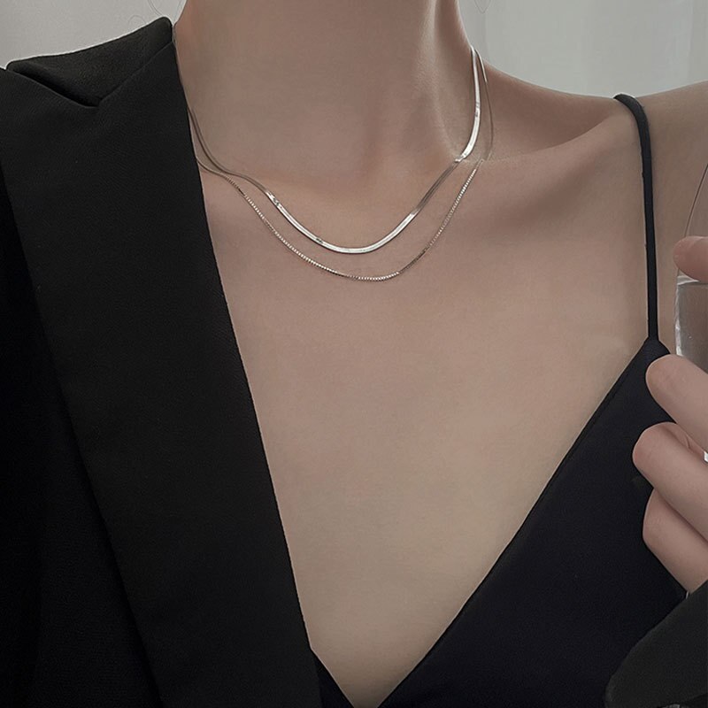 Reeti 925 Sterling Zilveren Dubbele Ketting Unisex Flat Snake Link Chain Karabijnsluiting Collares Voor Vrouwen Sieraden