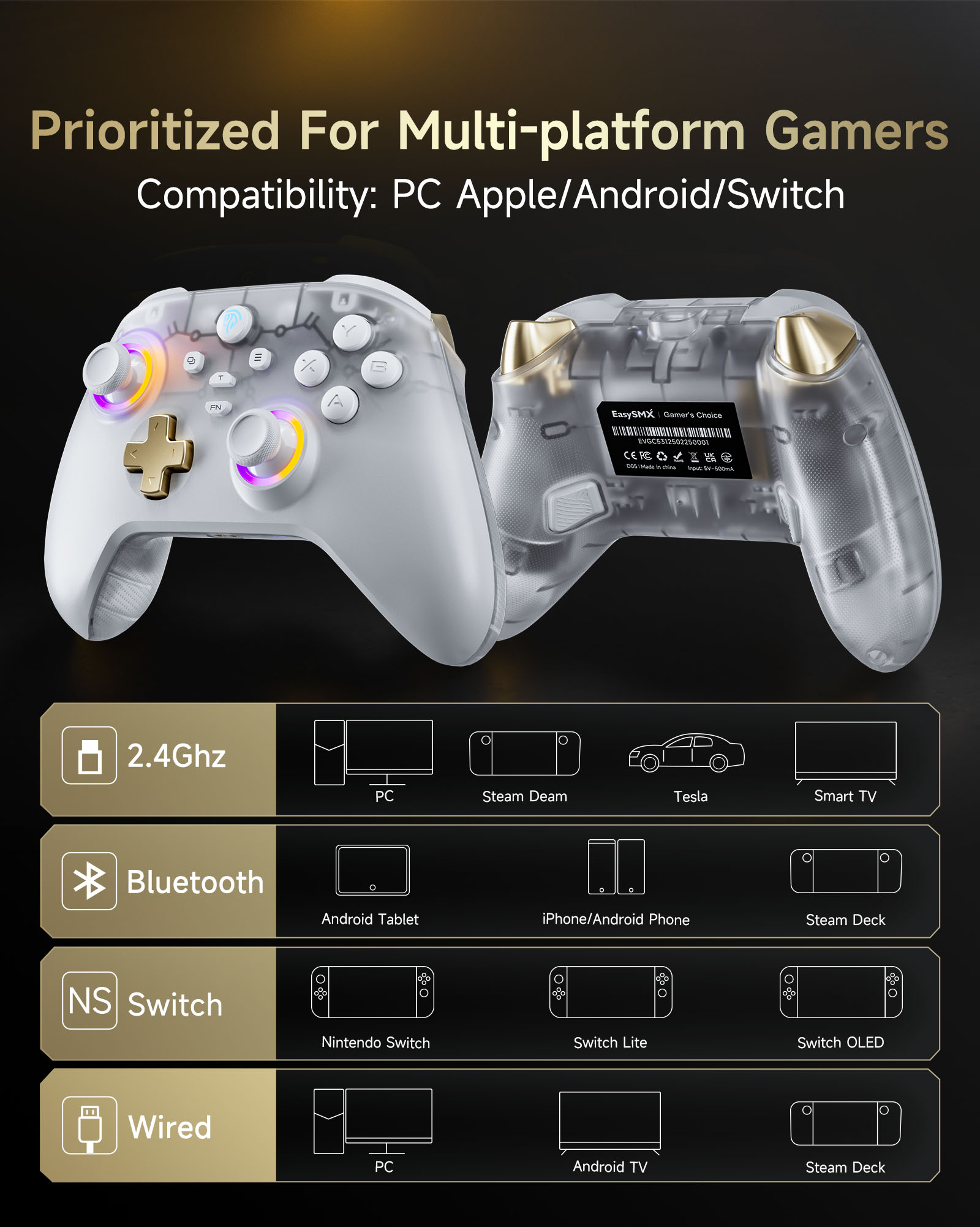 EasySMX D05 Wireless Gamepad with Charging Dock RGB Hall Effect Joysticks Game Controller for PC Nintendo Switch TV Phone