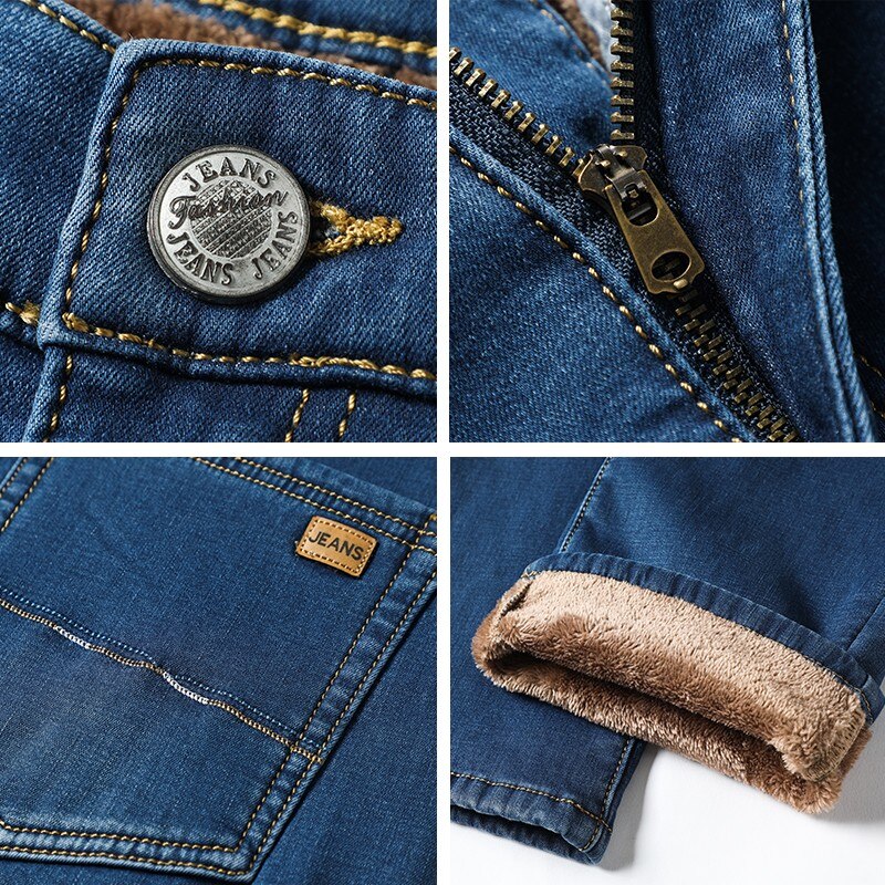 Jean extensible en flanelle thermique pour homme, pantalon droit en polaire, coupe droite, collection automne et hiver