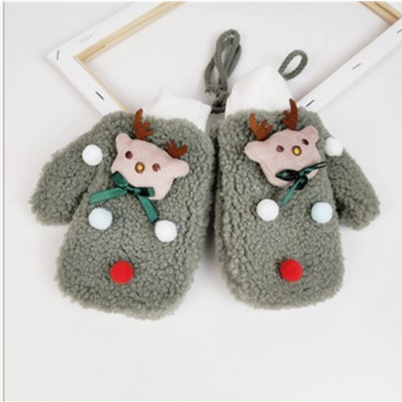 Toddler barn vantar med snöre söt tecknad vinter varm fleece snö skidvantar till jul 2-6t barn handskar: Grön