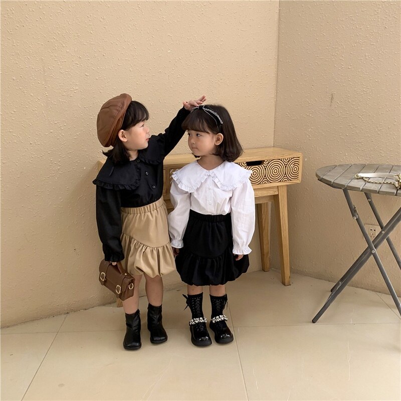Jupe Style coréen pour petite fille, vêtement d&#39;automne, noir, kaki, taille élastique, volants, lanterne, citrouille, vêtements à la , , E218