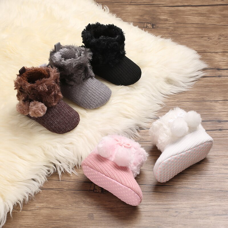 Toddler Baby Warm Winter First Walker Knitting Pompom Boots Solid Prewalker Anti-Slip Cotton Boots Children Crawling Shoes