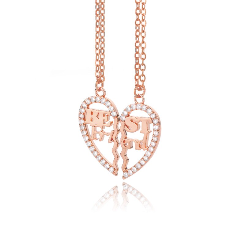 2 pieces zircon spliced love heart necklaces for women stainless steel gold letter best friend necklace boho jewelry friendship: Rose gold