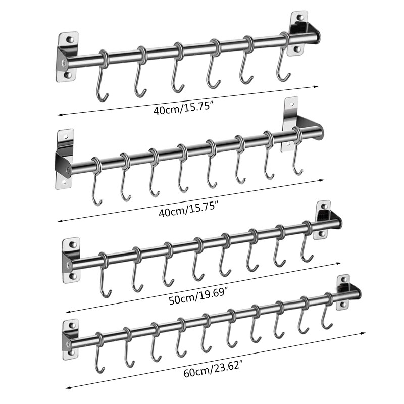 Wall Mounted Utensil Rack Stainless Steel Hanging Kitchen Rail with 6/8/10 Removable Hooks Hanger Organizer