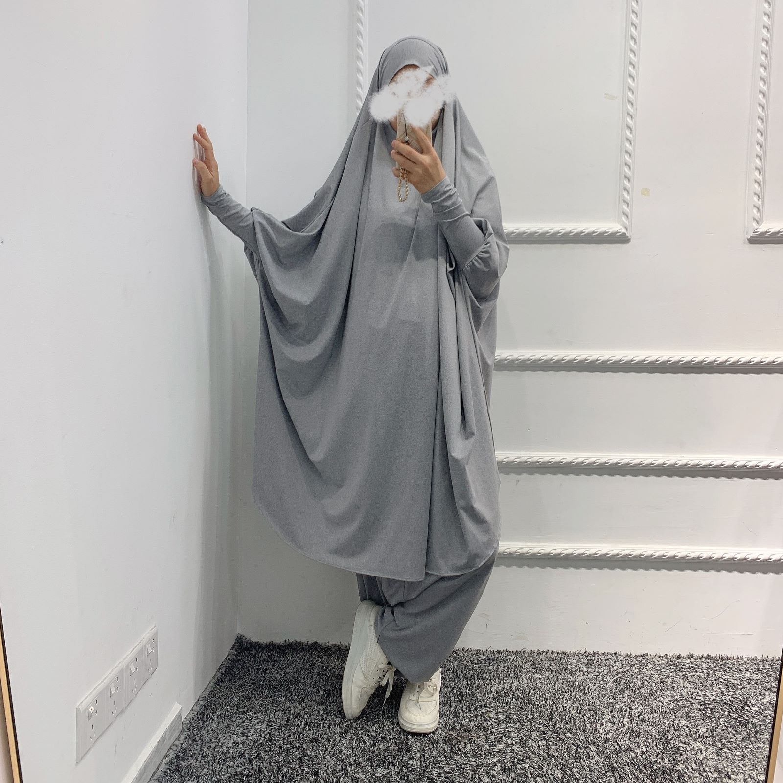 Muslim Macthing Outfit Dress Abaya 2pcs Set Women Jilbab Khimar Hijab Islamt Prayer djellaba femme Niqab Turkey Dubai Clothing: Gray