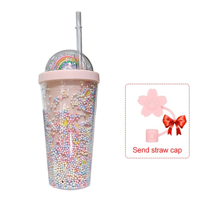 550ml Kawaii Cute Drinkware Rainbow Foam Straw Cup Girl Home Office Water Bottle Plastic Double Layer With Straw Girl: pink