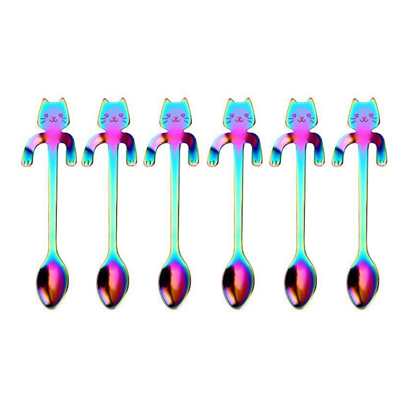 6 pcs Mini Cute Coffee Spoon 12cm 17 cm 304 Stainless Steel Cartoon Cat Spoon Teaspoon Dessert Snack Scoop Milk Spoons Tableware: Rainbow 12cm 6 PCS