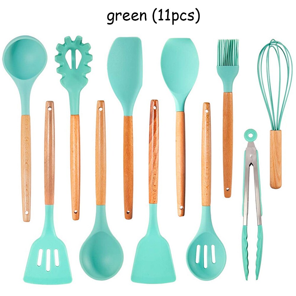 Silicone Kitchenware Cooking Utensils Set Heat Resistant Kitchen Non-Stick Cooking Utensils Baking Tools With Storage Box: green  11PCS