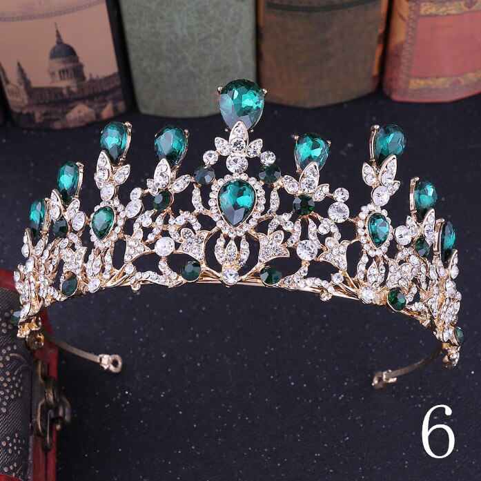 Women girls European Green Crystal Tiaras Vintage Rhinestone Pageant Crown Baroque Bridal Wedding Hair Jewelry Accessories: 6