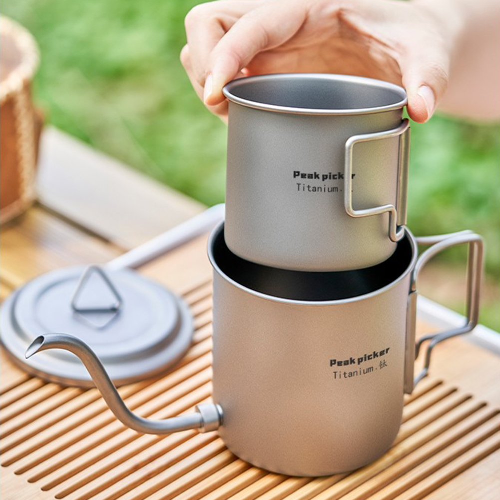 420ml Detachable Titanium Pour Over Kettle Coffee Tea Pot Cup with Folding Detachable Long Narrow Spout Filter Foldable Handle