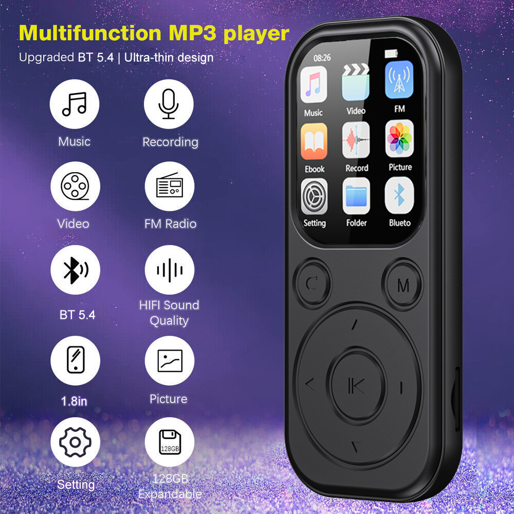 Neuester 1,8 Zoll schlanker MP3-Player Bluetooth 5.4 tragbarer Walkman-kompatibler eBook-Aufnahme-FM-Radio-Musik-Player