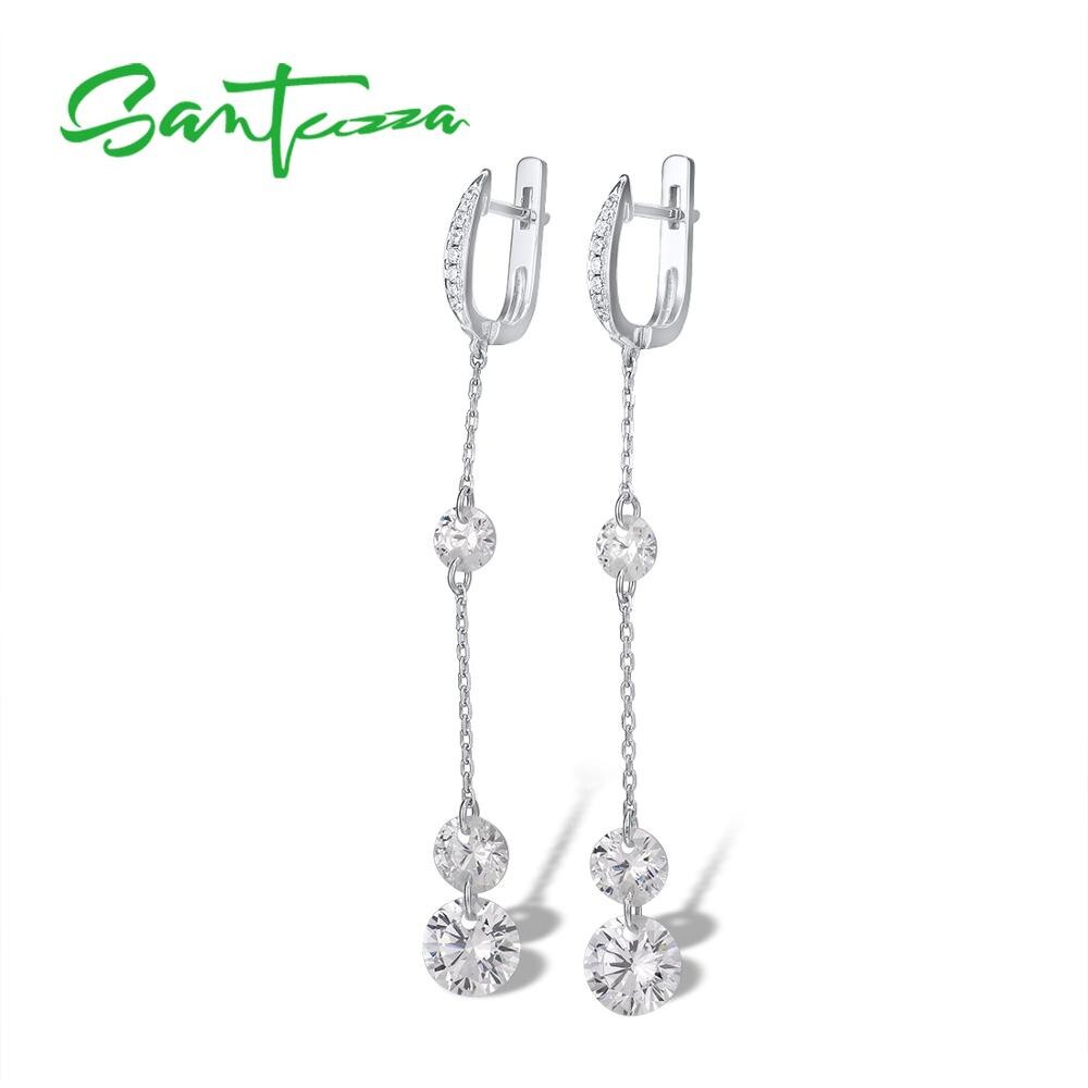 Boucles d'oreilles en argent SANTUZZA pour femmes pur 925 argent Sterling étincelant blanc zircon cubique longues boucles d'oreilles goutte bijoux fins