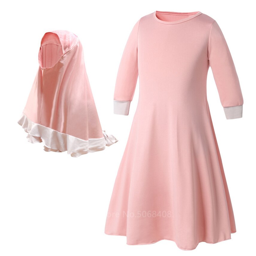 Moslim Traditionele Kleding Islamitische Gewaad Kids Baby Meisjes Rijker Saudi Arabische Dubai Effen Abaya Kaftan Met Ruche Boog Hijab Jurk