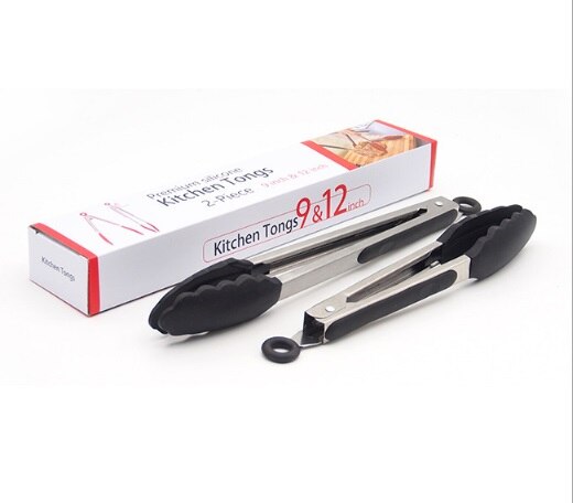 Kitchen Silicone Food Tongs 2 pack 9 Inch & 12 Inch Non-Slip Non-Stick BBQ Grilling Tong Cooking Tong with Joint Lock: Black