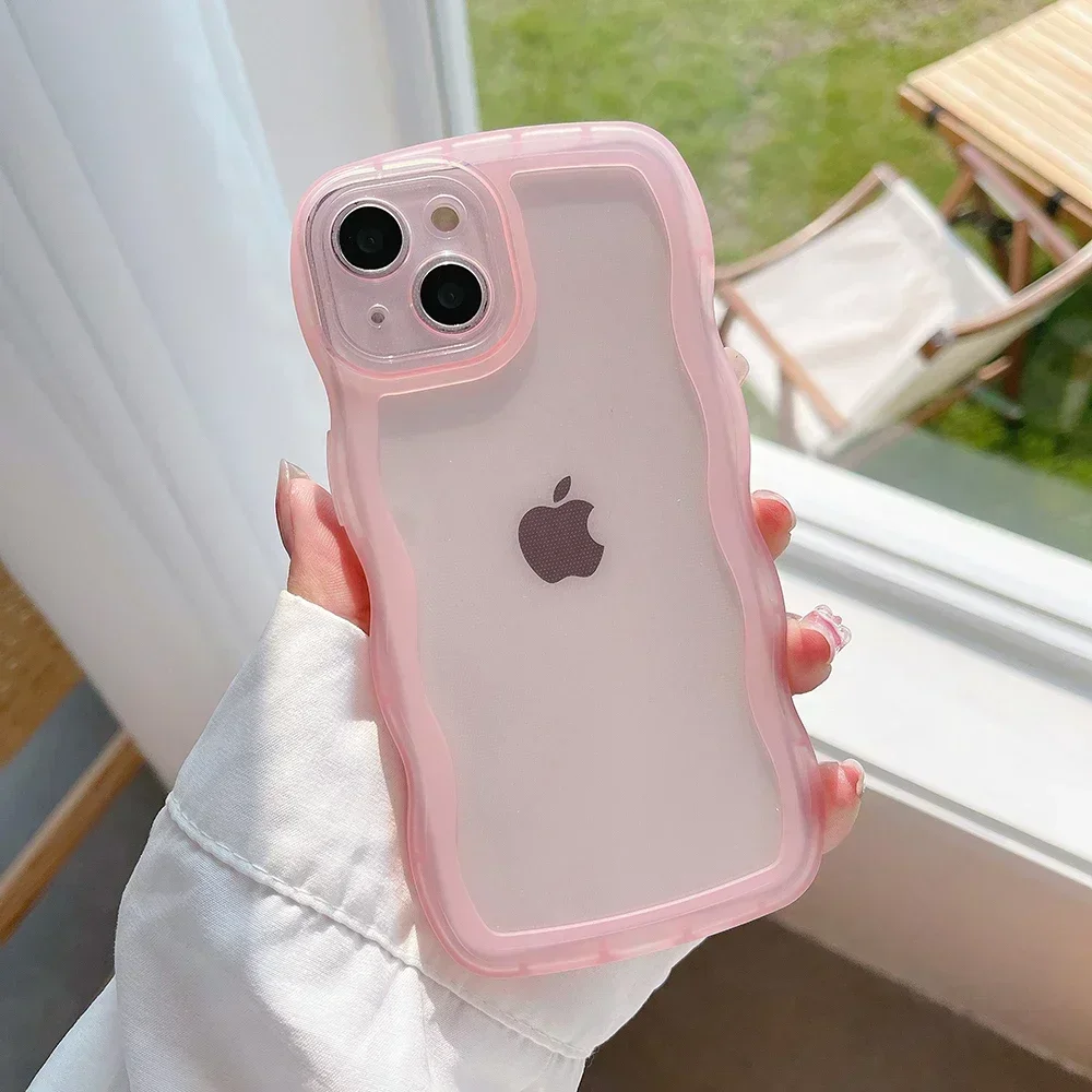 Para iPhone 16 15 14 Pro15 14 16 Pro Max 16 Plus funda bonita transparente onda rizada híbrida a prueba de golpes cubierta de parachoques Fundas suaves: Para iPhone 16 / Rosa