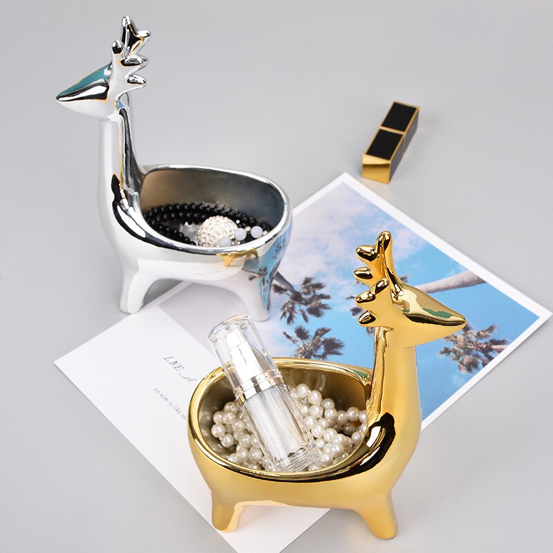 Nordic Golden Ceramic Animal Jewelry Storage Box Necklace Ring Earrings Makeup Organizer Mini Desktop Makyaj Organizer