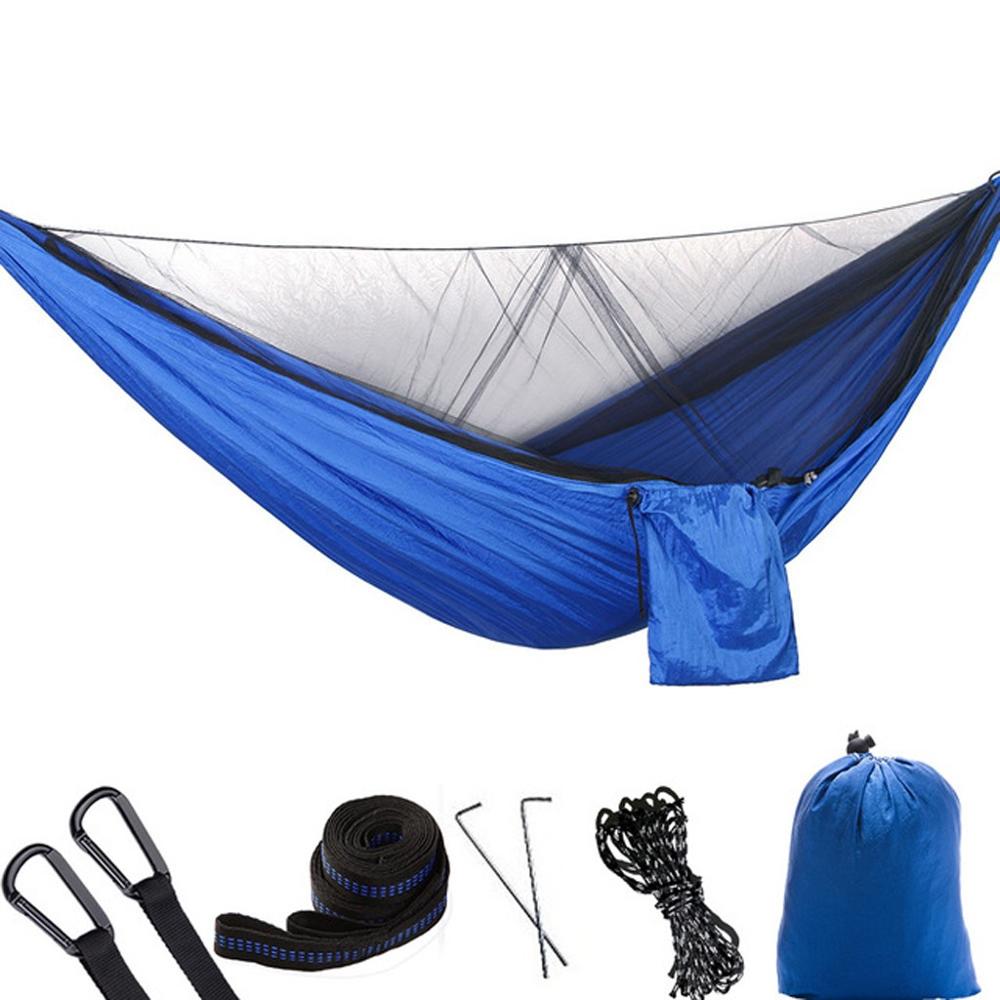 Ultralet bærbar udendørs camping myggenet mand kvinder børn nylon hængende seng sove gynge unisex solid komfortabel hængekøje: Blå